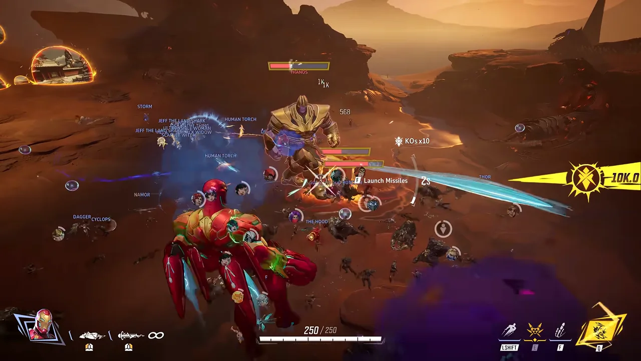 Trecho de combate do trailer mostra Iron Man em primeiro plano e diversos heróis enfrentando Thanos, com a interface visível.