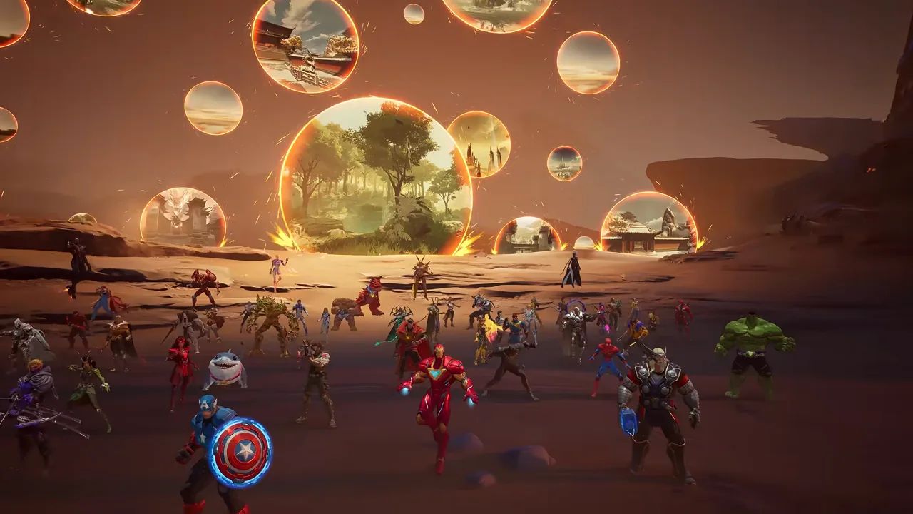 Heróis de Marvel Rivals reunidos diante de portais dourados, nas ruínas do Complexo dos Vingadores.